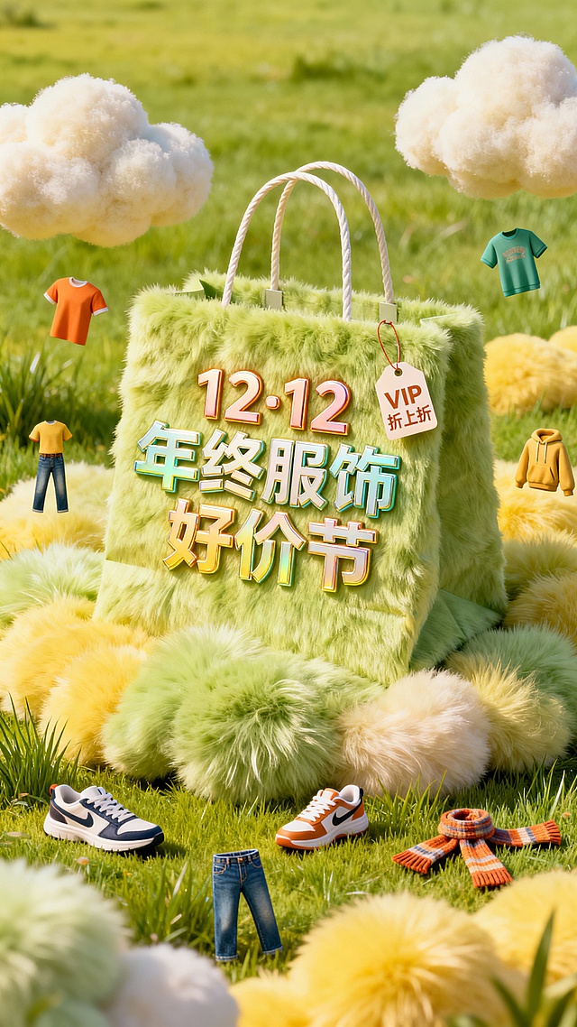 梦幻感与清新感交织的3D微缩艺术场景，毛发生长风营造柔软自然氛围，卡通风格服饰环绕绿色绒毛购物袋，虚拟自然中呈现12·12年终服饰好价节的可爱趣味。
