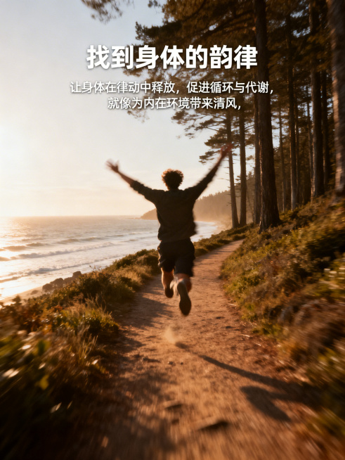 动态抓拍。一个人在海边或森林小径上跳跃或舒展的模糊背影，充满动感与喜悦。环境开阔，光线温暖。执行：摄影，快门速度稍慢以体现动感。重点在于传达情绪而非运动本身。	标题：找到身体的韵律正文：让身体在律预览效果