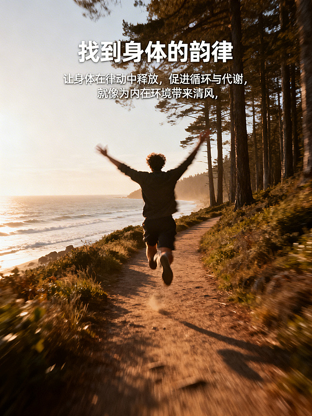 动态抓拍。一个人在海边或森林小径上跳跃或舒展的模糊背影，充满动感与喜悦。环境开阔，光线温暖。执行：摄影，快门速度稍慢以体现动感。重点在于传达情绪而非运动本身。	标题：找到身体的韵律正文：让身体在律动中释放，促进循环与代谢，就像为内在环境带来清风。