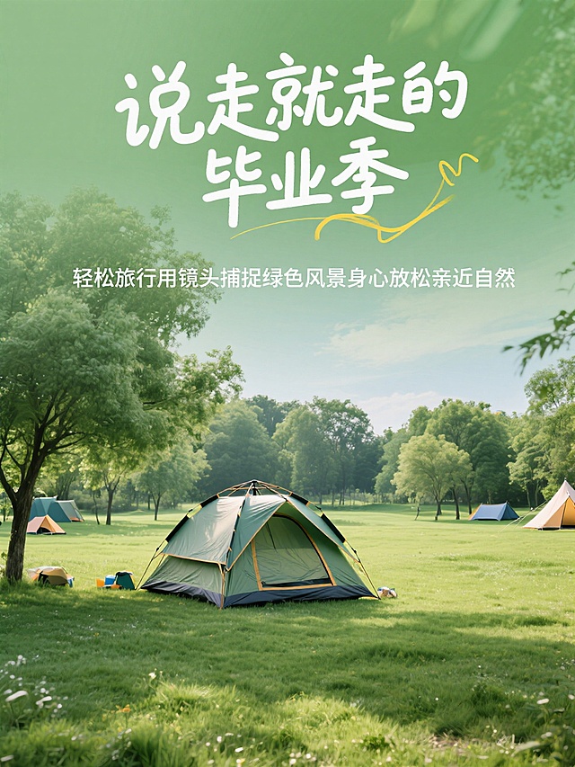 实拍场景户外露营场景（草地、帐篷、绿树），圆润的手写体，大标题“说走就走的毕业季” ，小标题“轻松旅行用镜头捕捉绿色风景身心放松亲近自然”。