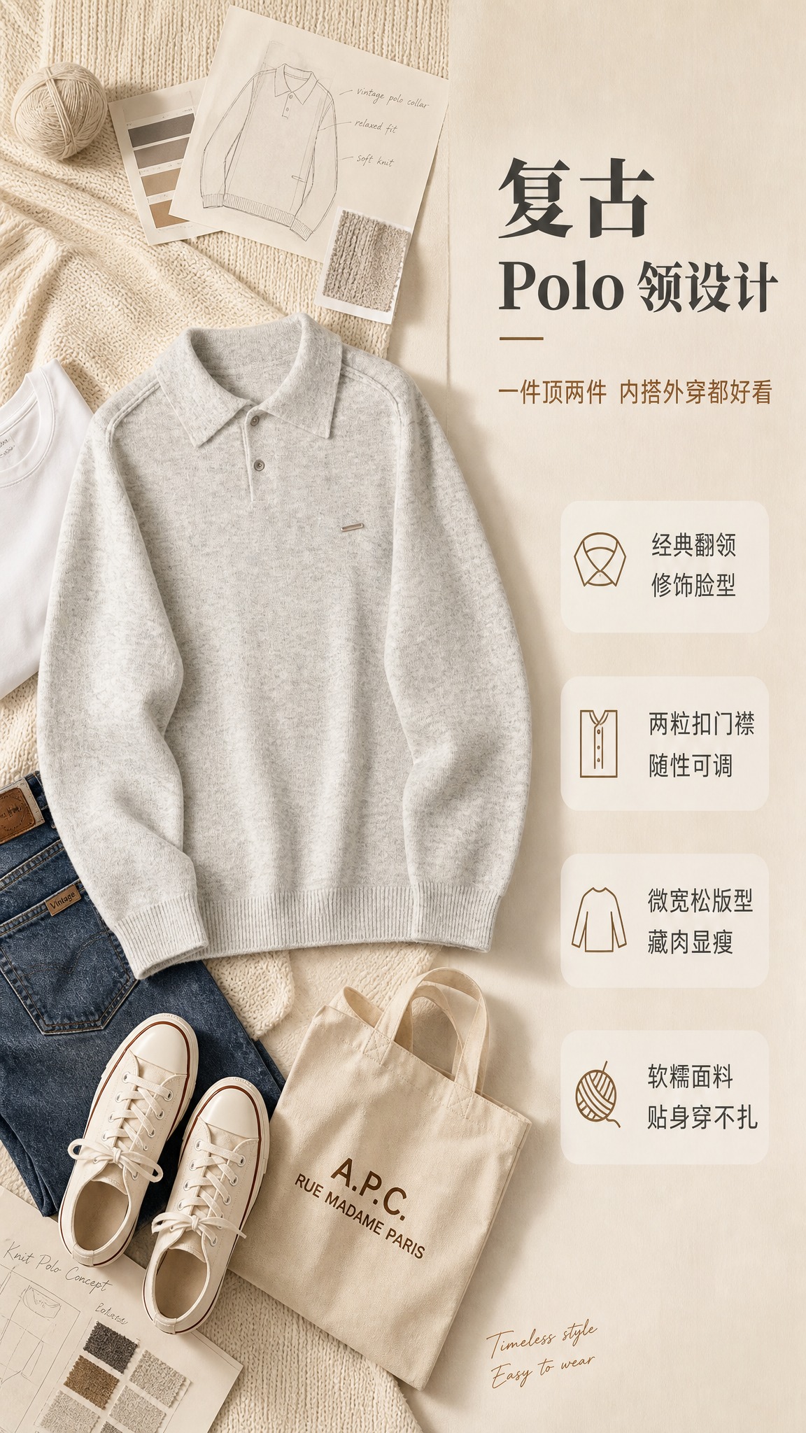 [商品] 使用【图1】米灰色翻领针织Polo衫；商品处理：保留… - 图片创意预览