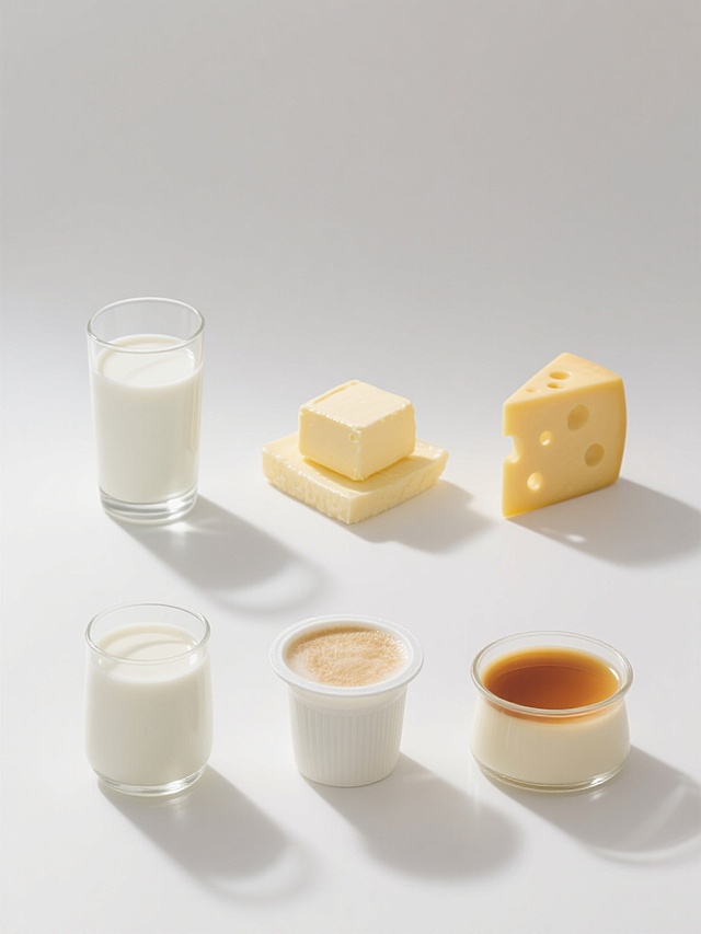 纯白背景，高清晰摄影风格，6个不同奶制品元素规整排布的系列素材集合，保持奶元素类目，包括装满牛奶的透明玻璃杯、黄油块、奶酪片、酸奶杯、奶盖茶和牛奶布丁，每个元素都具有细腻的质感和真实的光影效果，整体构图对称平衡，色彩以白色和奶黄色为主，光线柔和，阴影自然，呈现出干净、纯净、新鲜的视觉效果，适合用于乳制品宣传海报或产品展示素材。