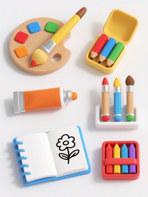3D风格绘画工具系列素材集合，白色纯色背景，整体采用圆润可爱的卡通化设计语言，物体边缘光滑无棱角，色彩明快鲜亮，主色调为原木色、黄色、红色、蓝色、绿色等饱和色块，带有轻微的哑光质感和柔和高光，光影效果简洁柔和，光源来自左上方，形成自然的立体投影。画面中规整排布六个完全不同的绘画工具元素：左侧上方是带红色、蓝色、绿色、橙色颜料块的木质调色盘，调色盘上斜放着一支黄色刷毛、棕色笔杆的画笔；左侧中间是……预览效果