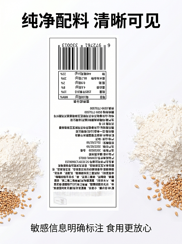 [第3屏] 成分配方展示-贝一打发型海绵蛋糕预拌粉配料清晰呈现。
[氛围/风格] 干净通透，专业可信，突出配方透明化，简约高级质感。
[元素布局] 上半部分放大展示【图2】配料标签区域，占比超过50%屏，文字放大清晰可见。下半部分搭配核心原料小麦粉俯拍特写，分布左右两侧。保持标签文字信息与原图完全一致，清晰可读。
[光影质感] 均匀柔和布光，标签区域光线明亮，文字无遮挡清晰呈现，原料部分自然柔和阴影，突出质感。
[配色色系] 全局底色 #ffffff；主色标签白底黑字，原料自然原色，点缀浅黄色小麦。
[视角构图] 上下结构，上标签下原料展示，信息层级从上到下一目了然。
[文字版式] 使用思源字体，顶部主标题「纯净配料 清晰可见」黑色粗体，标签文字保持原样不变。底部小字标注"敏感信息明确标注 食用更放心"，文字大小适中，手机端清晰可读。
[比例分辨率] 3:4竖版比例，2K分辨率，文字清晰，高清画质。
[负向提示词] 文字模糊，文字错乱，变形，错字，水印，电商平台Logo。