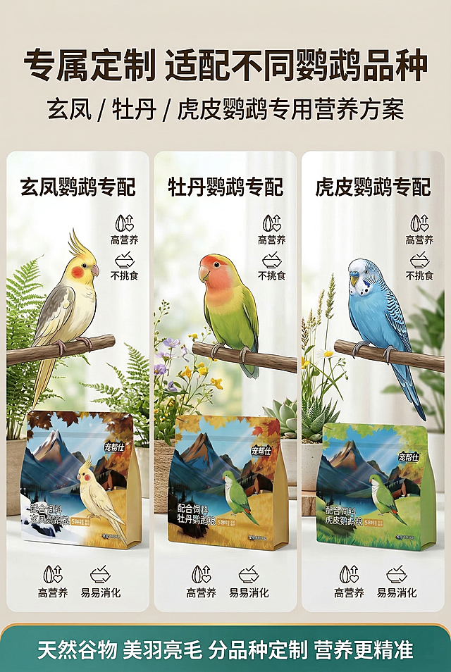 2:3竖版尺寸，主标题「专属定制 适配不同鹦鹉品种」，副标题「玄凤 / 牡丹 / 虎皮鹦鹉专用营养方案」，画面分三栏布局，每栏分别展示对应鹦鹉品种（玄凤 / 牡丹 / 虎皮）和对应鹦鹉粮包装，严格保留每个包装的设计、颜色、LOGO位置、文字内容所有细节，正确区分对应品种和包装，不混淆，背景为统一的清新室内绿植场景，杂志级精致排版，无衬线字体，色彩统一，突出品种专属适配卖点。禁止混淆鹦鹉品种与对应包装，禁止鹦鹉形象失真、怪异，禁止模糊、噪点，禁止风格不统一，禁止文字杂乱，禁止栏间间距混乱。