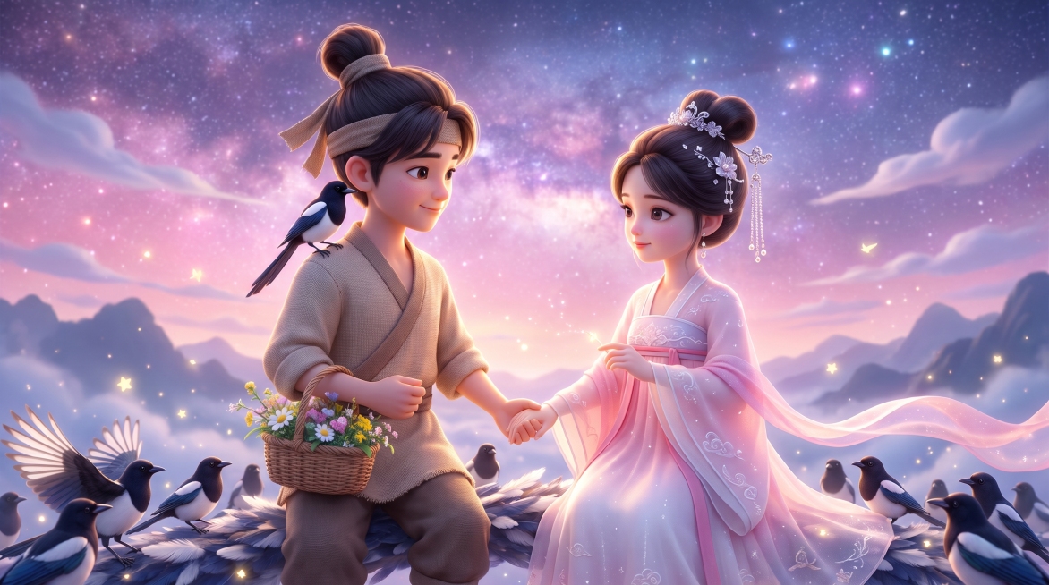 横屏 16:9，迪士尼皮克斯 3D 卡通动画风格，细腻卡通人物建模，圆润柔和五官，细腻皮肤次表面散射，发丝根根分明通透，纱衣轻薄柔光通透质感，8K 超高清，电影级景深，温柔星云柔光，梦幻淡紫粉蓝星空色预览效果