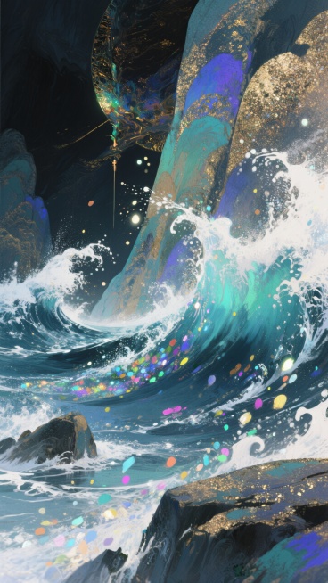 魔法海浪，微小的闪光从中流出，喷溅出五光十色的光，磨砂颗粒质感，磨砂颗粒画布基底，厚重色块笔触与水粉插画结合，暗黑，古风水彩厚涂，岩彩， 超高清水彩插画，盛世繁华的叙事氛围，手绘水彩插画风格预览效果