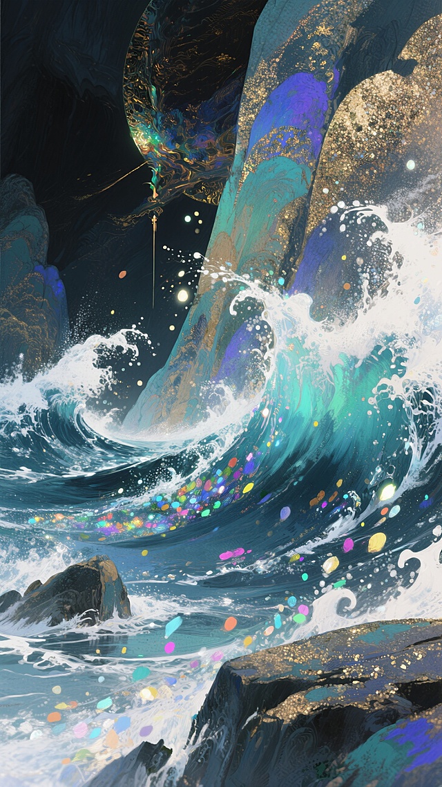 魔法海浪，微小的闪光从中流出，喷溅出五光十色的光，磨砂颗粒质感，磨砂颗粒画布基底，厚重色块笔触与水粉插画结合，暗黑，古风水彩厚涂，岩彩， 超高清水彩插画，盛世繁华的叙事氛围，手绘水彩插画风格