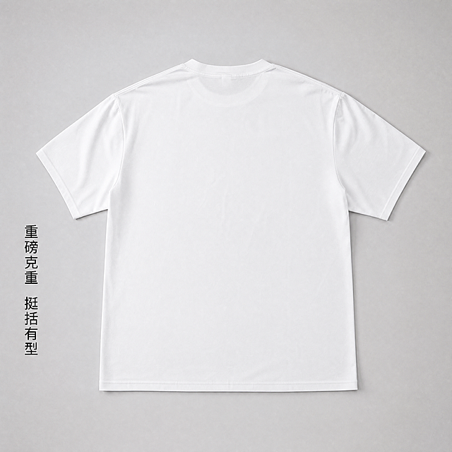 [主图-3] 双磨牛奶丝短袖背部展示，氛围风格：简约高级抖音电商风，画质：商业摄影质感、光线柔和通透、产品清晰真实、画面干净高级。元素：白色短袖背面完整平铺展示，领口走线和整体版型完整呈现，保持短袖外观物理结构材质质感颜色与输入产品图绝对一致，杜绝任何变形色差，精细化处理，背景为干净浅灰色背景，商品主体占比约75%。光影：顶侧柔光，突出背部平整面料质感。配色：白色主体，浅灰背景干净简洁。视角构图：正后方平视拍摄，背部完整展示不裁切。文字版式：左侧竖向小字“重磅克重 挺括有型”，黑色字不遮挡主体。比例分辨率：1:1比例，4K分辨率，文字清晰锐利，超高清。负向提示词：变形，水印，文字错乱，产品图模糊，背景杂乱。