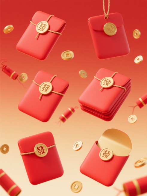 6个同系列3D立体红包素材集合，每个红包造型角度各异（正面、侧面、斜角、打开状、叠放式、悬挂式），均为红色哑光质感红包配金色"發"字圆形封贴与绑绳，搭配散落的金色铜钱和红色鞭炮，统一采用红金渐变纯色背景，整体保持原有的喜庆电商促销风格，双11促销氛围浓厚，所有元素规整排列成2x3网格布局，光影柔和立体感强，无任何文字信息。预览效果