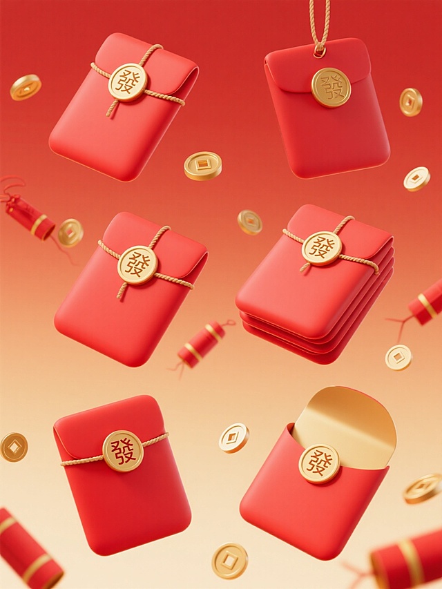 6个同系列3D立体红包素材集合，每个红包造型角度各异（正面、侧面、斜角、打开状、叠放式、悬挂式），均为红色哑光质感红包配金色"發"字圆形封贴与绑绳，搭配散落的金色铜钱和红色鞭炮，统一采用红金渐变纯色背景，整体保持原有的喜庆电商促销风格，双11促销氛围浓厚，所有元素规整排列成2x3网格布局，光影柔和立体感强，无任何文字信息。