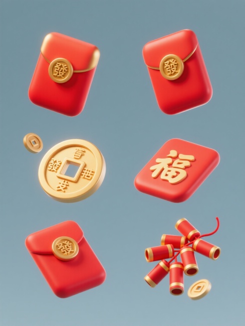 6个系列素材集合规整排布于纯色背景，保持原3D立体风格与材质感，整体变换为双11电商促销红金配色，每个素材均包含红包、铜钱、鞭炮元素但造型与角度完全不同，红包呈方正立体造型配金色"發"字圆形封扣，铜钱为金色方孔圆钱形态，鞭炮带红色引线与金色"福"字，元素间呈动态悬浮互动感，光影为柔和高光与自然阴影，营造热闹喜庆的电商促销氛围，符合双11促销视觉层级与信息传达效率。预览效果
