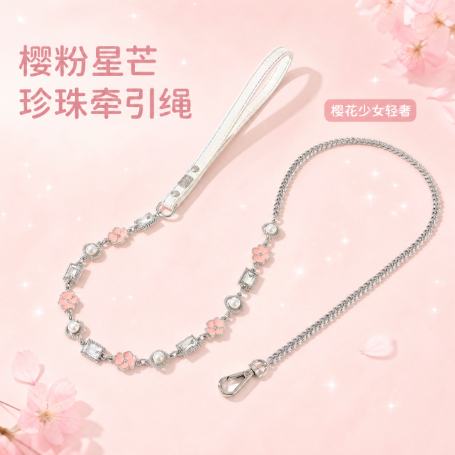 [主图-1]「樱粉星芒」珍珠链条宠物牵引绳首图
[氛围风格] 樱花少女轻奢风；
[画质] 商业摄影质感，光线柔和通透，产品清晰真实，画面干净高级。
[元素] 保持珍珠链条牵引绳的外观（粉花+珍珠+长方预览效果