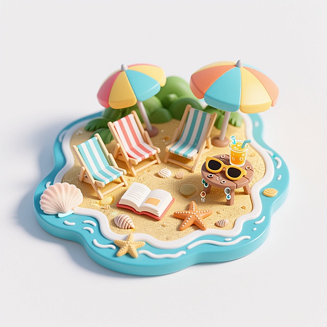 3D冰箱贴，岛屿造型，阳光明媚，金色沙滩，贝壳，海星，海浪。沙滩上有彩色遮阳伞、躺椅，翻开的书，太阳镜，旁边小桌上有冒冷气挂水珠的果汁。配色鲜艳明亮。