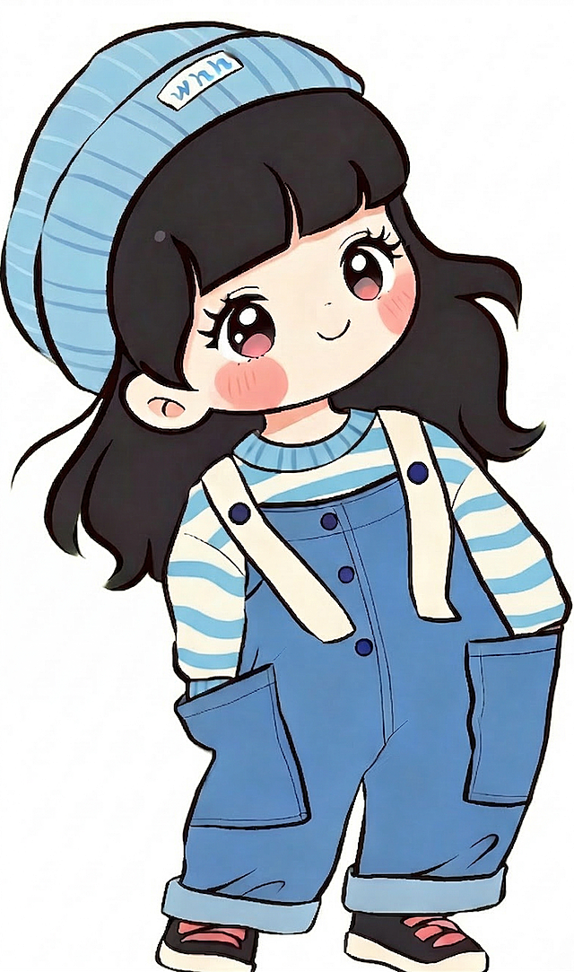 将图中的粉白条纹上衣改为天蓝色，其他内容保持不变