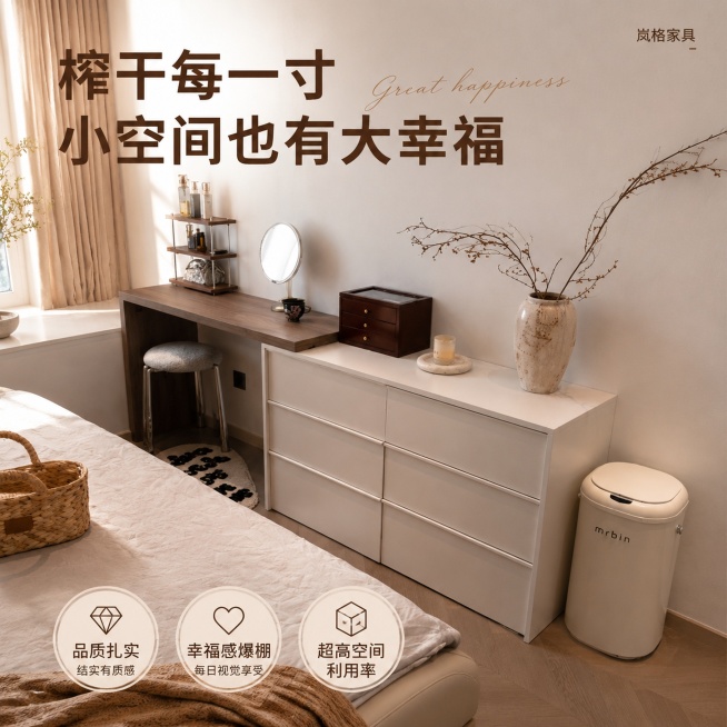 [单张主图] 岚格家具床尾储物柜梳妆台斗柜，高级氛围感主图，目标展示产品扎实品质与空间优化价值。保持原有产品外观（物理结构、材质质感、颜色）与输入产品图绝对一致，杜绝任何变形和色差，精细化处理。采用大预览效果