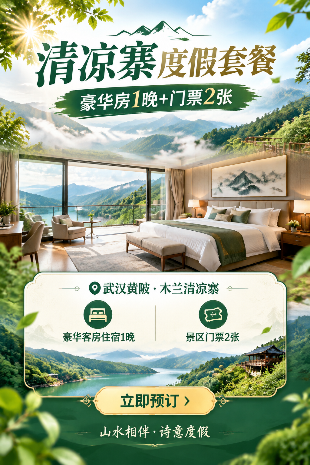 武汉黄陂木兰清凉寨度假套餐宣传海报，竖版2:3比例。背景为清凉… - 图片创意预览