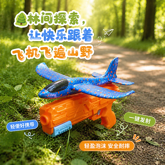 公园林间泥土小路，背景是斑驳树影、延伸的步道与绿植，光线柔和有层次，保持参考图自然清新感。蓝色带橙点泡沫飞机，固定在橙色发射器上。侧方斜拍，发射器斜放在路边草地上，飞机朝向镜头，背景虚化突出主体。画面包含艺术体文案“🌲 林间探索，让快乐跟着飞机飞遍山野”，使用圆润活泼字体，突出产品轻便易携