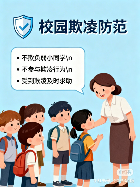 小红书3:4竖版宣传图，校园欺凌防范主题，浅蓝色背景。顶部标题"校园欺凌防范"配盾牌图标。左侧文字框内容："• 不欺负弱小同学\n• 不参与欺凌行为\n• 受到欺凌及时求助"。右侧插画为小学生们友好互预览效果