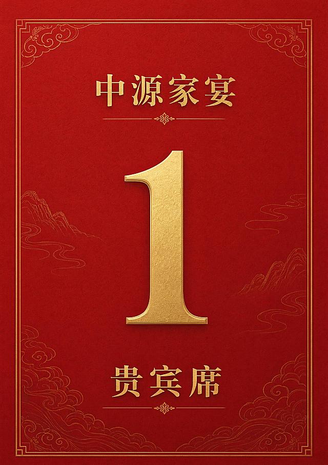 设计一款高端家宴餐桌桌牌，尺寸适配14.8X21cm，延续参考图红金高级色调，正红色哑光肌理背景搭配烫金文字。画面中心放大烫金数字「1」，顶部放置主题「中源家宴」，底部标注「贵宾席」，字体简约大气，整体排版居中对称，点缀极简金色暗纹，四边留足出血边，凸显高级质感，文字全部清晰可读。