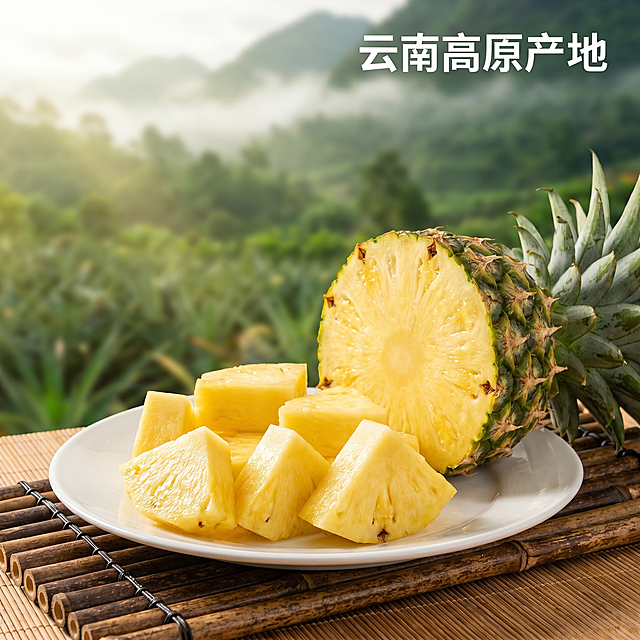 [主图 4] 云南凤梨场景体验展示。[氛围风格] 清新自然高原产地生鲜风，充满自然氛围。[画质] 商业摄影质感、光线柔和通透、产品清晰真实、画面干净高级，超高清，充满食欲。[元素] 切好的云南凤梨块摆放在干净陶瓷餐盘里，旁边放着半块完整带皮的凤梨，整体放在干净的竹编餐垫上，背景是模糊的青翠高山果园，营造享受新鲜产地水果的自然氛围。商品主体占比约65%。画面中不能出现人物、纯白色背景、包装和价格。[光影] 上午柔和的山野自然光，柔和温暖，光线通透，在果肉上形成自然高光，凸显香甜多汁的质感。[配色] 金黄色果肉搭配果绿色背景和竹编浅棕色，清新自然，充满高原产地氛围。[视角构图] 略微俯视，模拟第一人称视角，场景自然错落，景深舒适。[文字版式] 右上放置文字 "云南高原产地"，简洁清晰，不遮挡主体。[比例分辨率] 1:1 比例，2k 分辨率；文字清晰锐利，画面超高清。[负向提示词] 变形，水印，文字错乱，产品图模糊，背景杂乱，人物，纯白色背景，包装，价格
