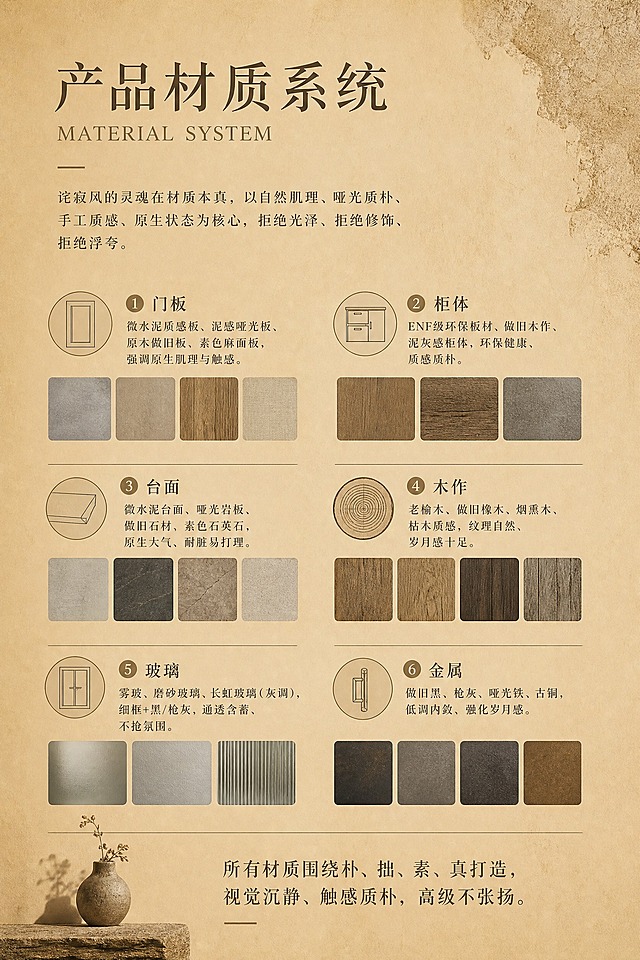 画册内页设计，竖版20cm*30cm，金黄色调，诧寂风全屋定制主题。页面标题为"产品材质系统"，副标题英文"MATERIAL SYSTEM"。顶部引言："诧寂风的灵魂在材质本真，以自然肌理、哑光质朴、手工质感、原生状态为核心，拒绝光泽、拒绝修饰、拒绝浮夸。" 内容以6个材质分类展示，每项配诧寂风格图标或材质纹理示意：1.门板：微水泥质感板、泥感哑光板、原木做旧板、素色麻面板，强调原生肌理与触感。2.柜体：ENF级环保板材、做旧木作、泥灰感柜体，环保健康、质感质朴。3.台面：微水泥台面、哑光岩板、做旧石材、素色石英石，原生大气、耐脏易打理。4.木作：老榆木、做旧橡木、烟熏木、枯木质感，纹理自然、岁月感十足。5.玻璃：雾玻、磨砂玻璃、长虹玻璃（灰调），细框+黑/枪灰，通透含蓄、不抢氛围。6.金属：做旧黑、枪灰、哑光铁、古铜，低调内敛、强化岁月感。底部总结："所有材质围绕朴、拙、素、真打造，视觉沉静、触感质朴，高级不张扬。" 背景为暖金色，自然肌理和做旧纹理装饰，排版整齐质朴，大量留白