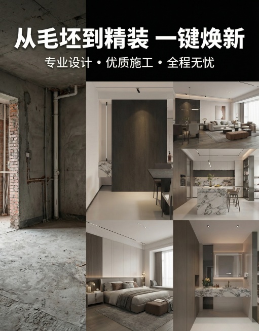 将上传的6张现代家装效果图作为素材，嵌入对比式主图模板，左侧展示毛坯房，右侧嵌入家装效果图，添加文字"从毛坯到精装 一键焕新"，整体风格直观有冲击力预览效果