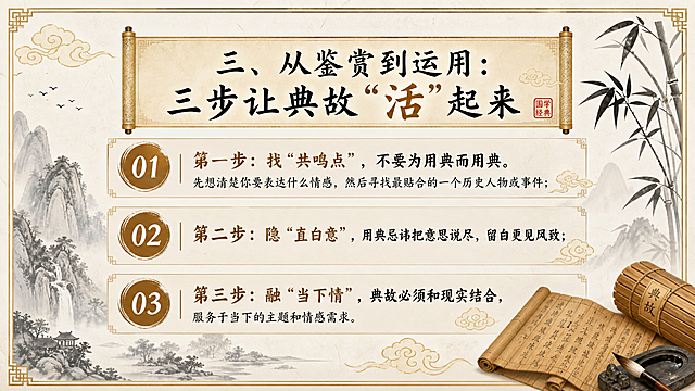 课程内容页，标题：三、从鉴赏到运用：三步让典故“活”起来，列出三步：第一步：找“共鸣点”，不要为用典而用典。先想清楚你要表达什么情感，然后寻找最贴合的一个历史人物或事件；第二步：隐“直白意”，用典忌讳把意思说尽，留白更见风致；第三步：融“当下情”，典故必须和现实结合，服务于当下的主题和情感需求，排版清晰，保持整体国风设计，古色古香适合教学