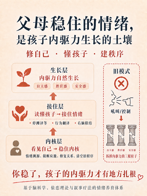 参考第二张图柱子标注的排版，将第一张图右侧三根柱子底下的「自主感 胜任感 安全感」缩小字体，移动到离柱子更近的位置，保持其他所有内容不变预览效果