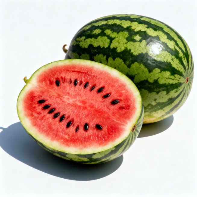 一个新鲜饱满的西瓜，表皮是深绿色带有浅绿色条纹，瓜瓤是鲜艳的红色，点缀着黑色的西瓜籽，放在白色的背景上，光线明亮，色彩鲜艳，细节清晰预览效果