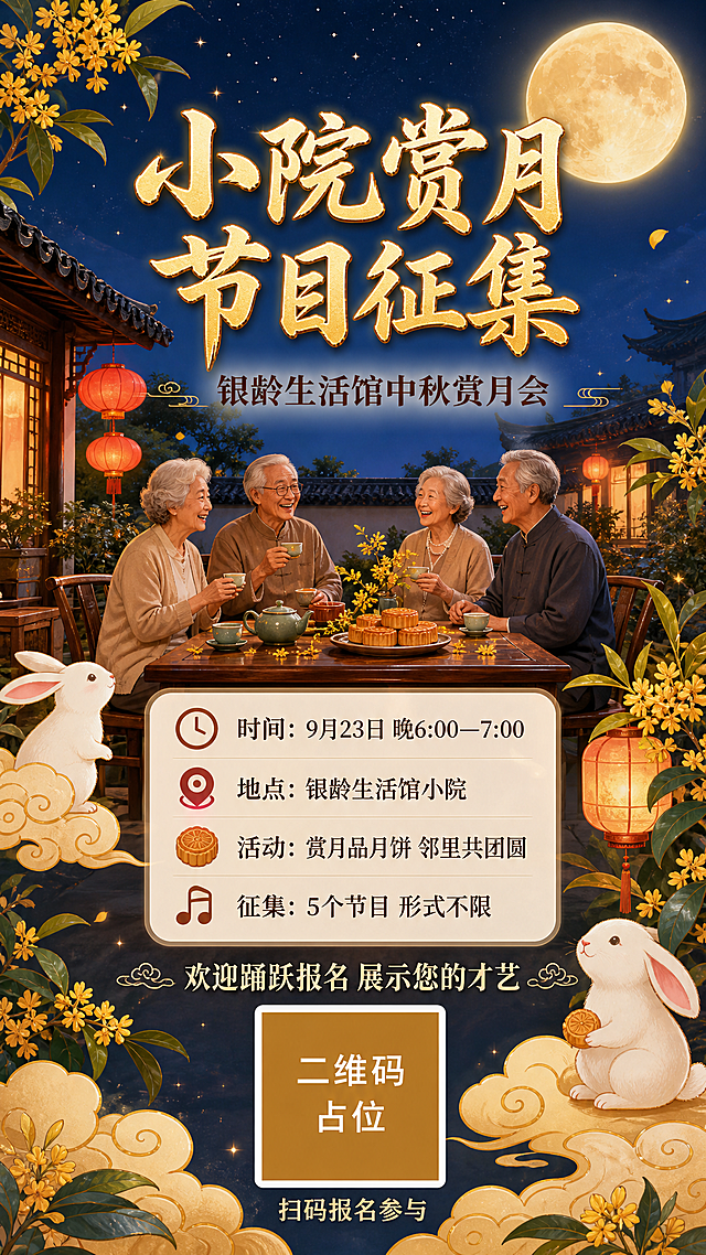 国风新中式中秋赏月活动海报，竖版9:16，温馨暖色调，适合中老年银龄群体。画面背景为夜晚中式小院场景，深蓝色渐变夜空，一轮金黄圆月高悬，月光柔和洒下，院中摆放木质桌椅，桌上有月饼、茶具、桂花枝点缀，远处有中式飞檐屋檐剪影，几盏红灯笼悬挂，氛围温馨祥和。画面上方居中大标题"小院赏月 节目征集"，字体为书法风格宋体，金色描边，字号最大醒目。标题下方副标题"银龄生活馆中秋赏月会"，深棕色宋体。中部偏下为信息卡片区域，米白色圆角半透卡片，内有四条信息："时间：9月23日 晚6:00—7:00"、"地点：银龄生活馆小院"、"活动：赏月品月饼 邻里共团圆"、"征集：5个节目 形式不限"，每条前有小图标装饰，文字清晰可读。卡片下方有报名引导语"欢迎踊跃报名 展示您的才艺"。画面底部居中放置二维码占位符：纯色方块，中央标注"二维码占位"文字，方块下方小字"扫码报名参与"。画面左右两侧有桂花枝、玉兔、祥云等中秋元素装饰，整体版式精美，层次分明，留白舒适，色调以深蓝、金黄、暖橙、米白为主，国风雅致，温馨亲切。画面中所有信息区域必须填充完整合理的内容，不得出现空白框、空白占位、横线待填写区域、空列表项、空单元格。画面中所有数字必须精确渲染，不得错位、遗漏或编造。