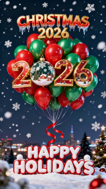 美国圣诞节主题海报，中央是巨大的2026数字气球群，数字内部可见微型圣诞场景，0设计成圣诞球样式带雪花纹路，气球下方有飘带连接形成文字图形化路径。背景有飘落的白色雪花、远处城市夜景灯光和隐约的圣诞树剪预览效果