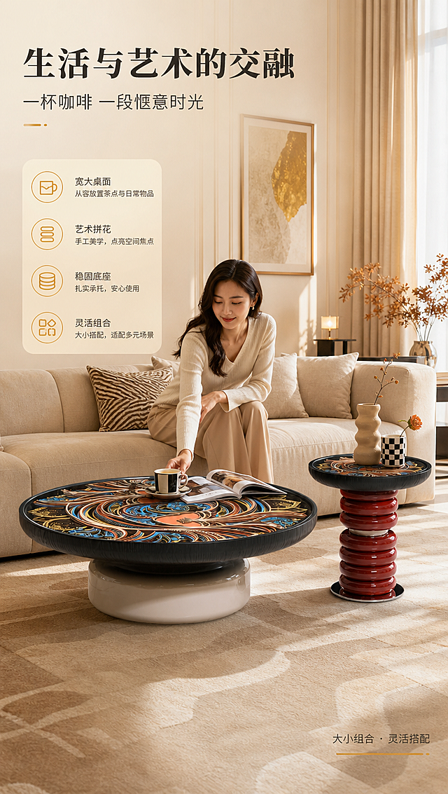 [商品] 使用【图1】DC-8870A大圆几与DC-8870B小圆几组合；保留两款圆几的造型、颜色、拼花纹样、底座样式和比例；不改变结构。
[画面] 目标：场景体验页，展示客厅真实使用场景，体现圆几的生活美学与实用功能。构图：场景满铺，产品在画面中心偏下位置。主体位置：大圆几作为客厅茶几放在沙发前，小圆几作为边几放在沙发旁。主体占比：产品组合占画面约45%。摆放角度：自然客厅摆放角度，大圆几正面微侧，小圆几侧立。景别：中景生活场景。阅读动线：从整体场景氛围落到产品细节。前中后景：前景地毯+圆几，中景沙发+人物，后景背景墙+装饰画+窗帘。人物：一位亚洲女性侧身坐在沙发上，手伸向茶几摆放咖啡杯和杂志，自然生活化动作。场景：现代轻奢客厅，午后暖光，温馨艺术氛围。
[视觉] 套系策略：风格=轻奢艺术家居商业摄影；标题字=现代衬线粗体；正文字=简洁无衬线体；主色=暖米白；背景延展=基于暖米白做深浅层级、同色渐变和细腻墙面/织物质感；强调色=琥珀金，仅用于小面积图标、引线和标签；标题色=深炭黑；正文色=中暖灰；组件=圆角浅金信息卡、细线引线、金色序号标；光影=右侧窗户暖自然光，柔和漫射，产品有自然阴影。
[文字] 画面左上压角文案：主标题「生活与艺术的交融」（8字），副标题「一杯咖啡 一段惬意时光」（10字）。右下角小字标注「大小组合 · 灵活搭配」。文字不遮挡人物和产品主体。
[规格] 图片比例9:16竖版，4K分辨率，负向提示：避免变形、错字、文字过小、冷蓝/冷灰背景、产品颜色改变、结构失真、人物面部模糊、拼花纹样错乱。