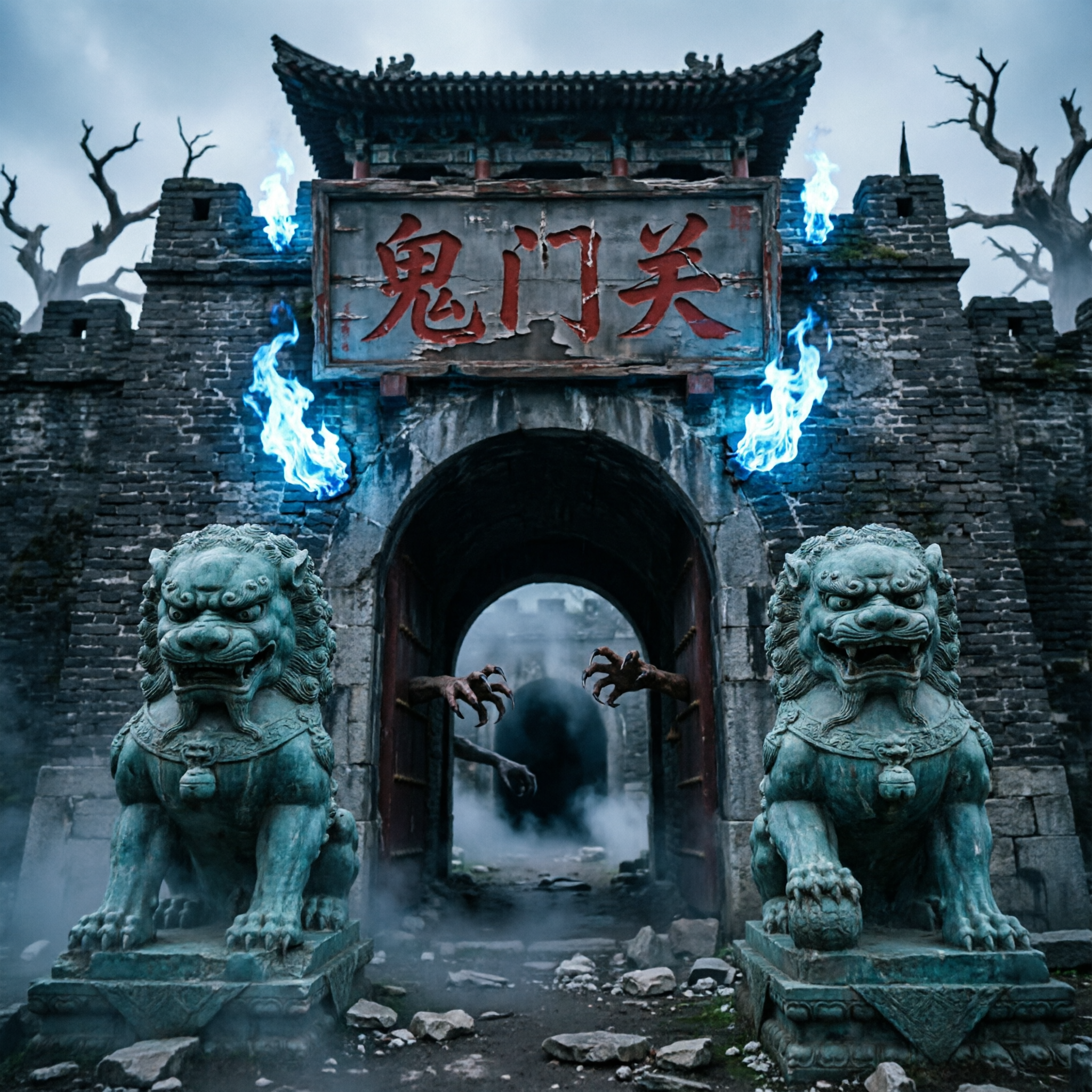 鬼门关，中国神话传说中的幽冥关口，阴森恐怖的古代城门建筑，黑灰… - 图片创意预览