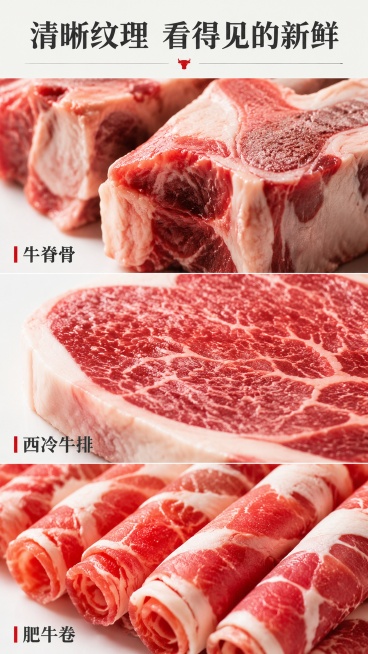 [第4屏] 肉质纹理特写屏，展示不同牛肉产品真实质感。
[氛围/风格] 微距特写，突出纹理质感，真实诱人食欲。
[元素布局] 画面分三栏，从上到下依次展示牛脊骨、西冷牛排、肥牛卷，每栏占屏约三分之一，预览效果