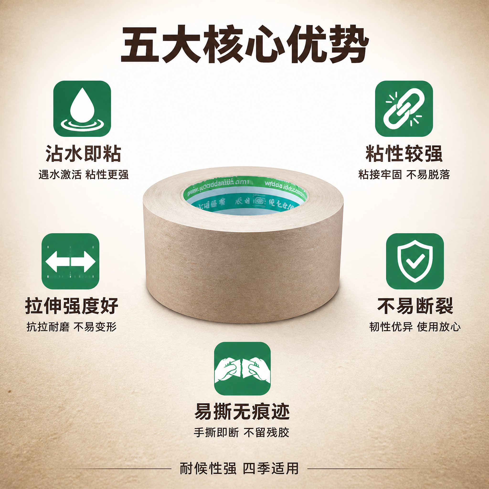 [主图-2] 湿水牛皮纸胶带核心卖点环绕图。 [氛围风格] 专… - 图片创意预览