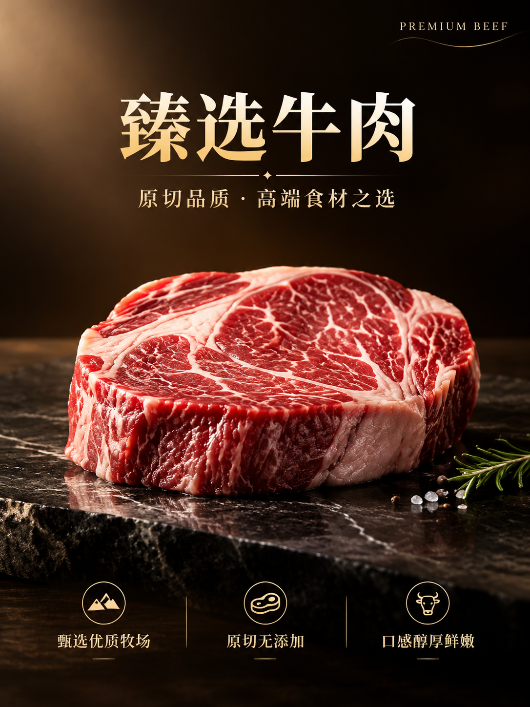 高端牛肉品牌海报，写实商业摄影风格，极简留白高级感。画面中央一… - 图片创意预览