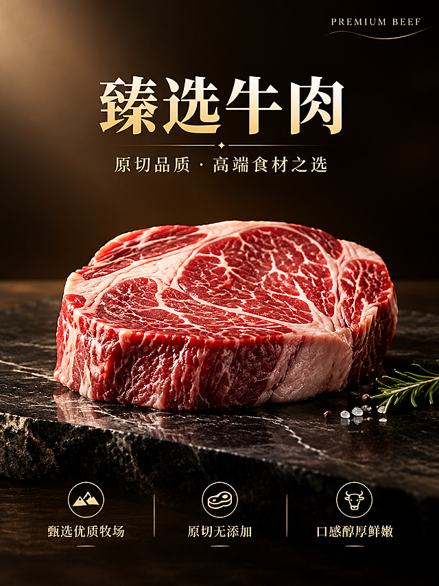 高端牛肉品牌海报，写实商业摄影风格，极简留白高级感。画面中央一块纹理精美的原切牛肉，雪花纹理清晰，肉质鲜红诱人，放置在深色大理石台面上。侧前方柔光打亮牛肉，形成柔和的高光与阴影，凸显肉质的鲜嫩与质感。背景为深棕色到黑色的渐变暗调，营造高端奢华氛围。画面上方居中是主标题大字"臻选牛肉"，字体沉稳大气，金色与白色渐变。主标题下方是副标题"原切品质 · 高端食材之选"，字号稍小，浅金色。画面底部左右两侧分布三个短卖点标签："甄选优质牧场"、"原切无添加"、"口感醇厚鲜嫩"，每个标签配简约线条图标。右上角有装饰英文"PREMIUM BEEF"，纤细优雅字体。整体构图居中对称，四周留有充足留白，排版精美，层次分明。深棕黑金配色，高端食材质感，电影级光影，超高清细节。画面中所有信息区域必须填充完整合理的内容，不得出现空白框或占位。