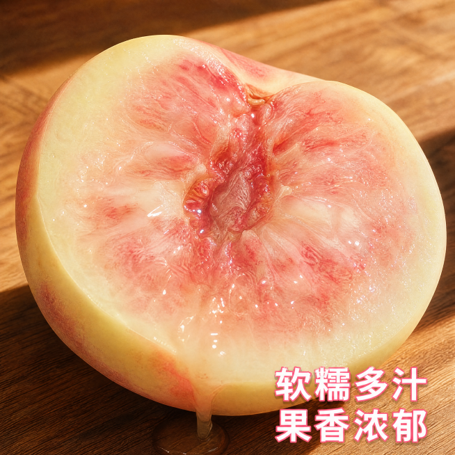 [主图-3] 水蜜桃横切特写，展示果肉细腻。保持水蜜桃外皮颜色和原图一致，横向对半切开，中间靠近果核位置展示果肉软糯，汁水饱满，汁水轻微流出。背景原木桌面，阳光斜射，突出果肉粉嫩质感。文字标注"软糯多预览效果