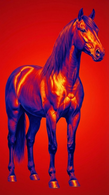 一匹健壮的成年马，头部轮廓清晰，耳朵竖立，眼睛明亮灵动，颈部修长微拱，浓密顺滑的鬃毛垂至肩部，背部平直肌肉线条流畅，四肢修长有力关节分明，蹄子结实圆润，长而蓬松的尾巴自然下垂，整体姿态挺拔优雅且充满力预览效果