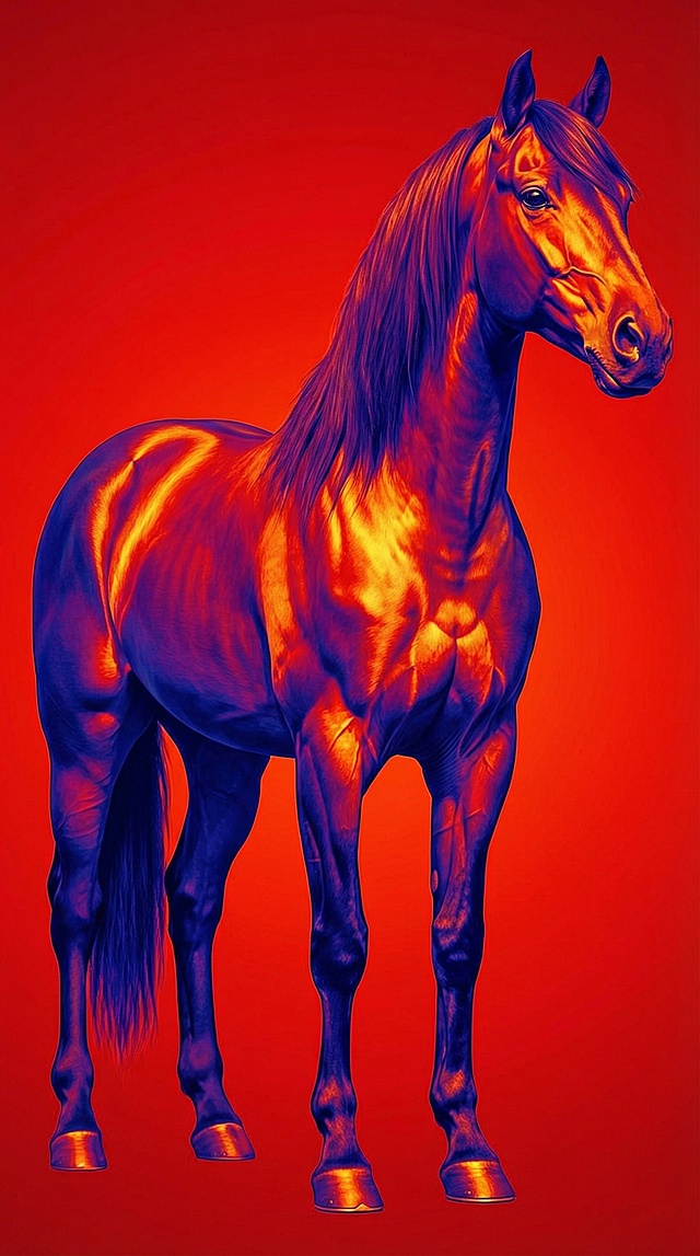 酷炫科技感3D马，金属质感与霓虹光影交织，虚拟自然中的未来生命体，红蓝渐变呈现极致视觉冲击。