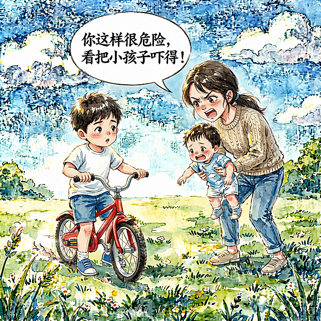 小仙君胆怯地缩进妈妈怀里，被妈妈的愤怒吓到了，妈妈继续指责骑车男孩，对话框文字修改为“你这样很危险，看把小孩子吓得！”，骑车小男孩两脚撑在地上，呆愣愣看着小仙君的妈妈，保持和原图一致的温暖水彩卡通风格，公园草地背景不变