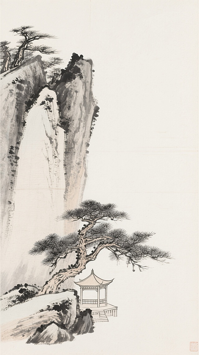 中国传统水墨山水画风格背景，米白色宣纸纹理，左侧以浓淡墨色勾勒陡峭山石，石间劲松虬曲苍劲，松针茂密，山脚隐现古朴亭台楼阁，山石与建筑轮廓以细腻线条勾勒并施淡墨渲染，整体画面留白充足，营造出空灵悠远、宁静淡泊的文人意境，右侧大面积留白形成虚实对比，墨色层次丰富，笔触兼具工笔的细腻与写意的洒脱。