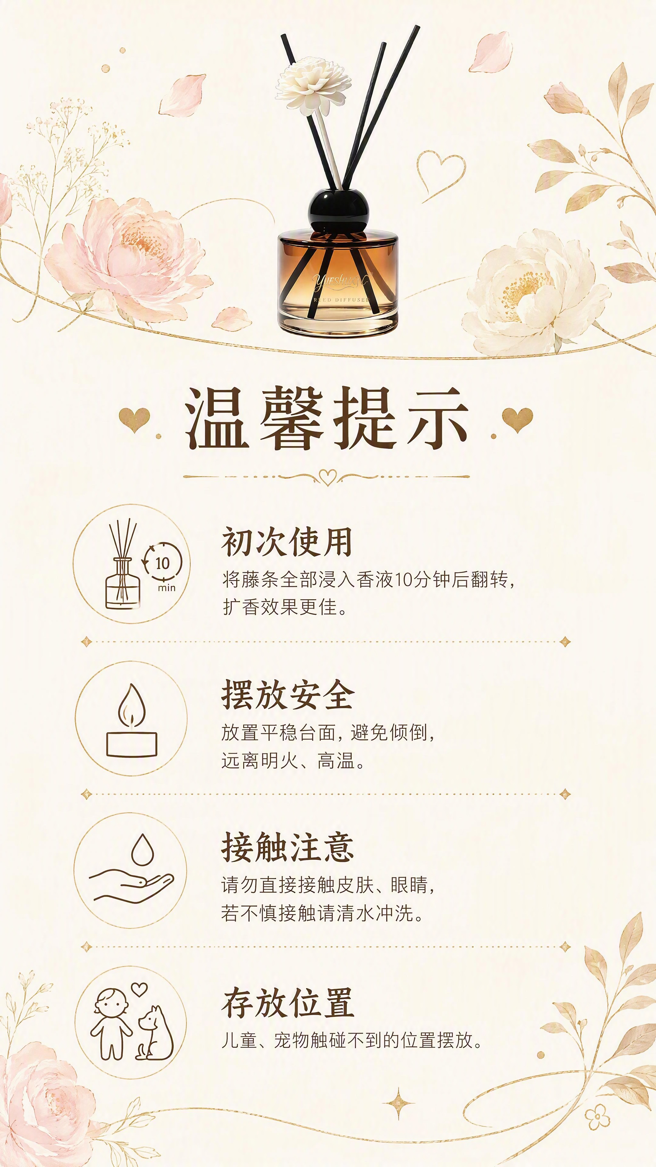 第8张 温馨提示与使用说明页 - 玥舒心无火香薰注意事项。本张… - 图片创意预览