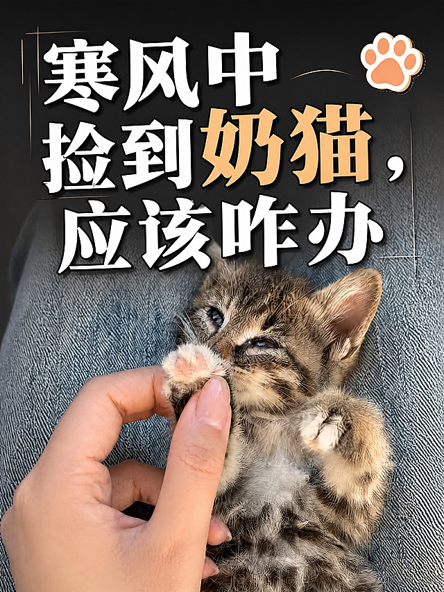 小红书笔记大字封面，配图大字，高级杂志风，版式精美，小红书笔记封面质感，适合信息流点击。主标题必须完整呈现且为画面视觉中心，逐字锁定：「寒风中捡到奶猫，应该咋办」。主标题字号超大，占画面约55%视觉权重，清晰可读，不得增删改字。其中「奶猫」两个字单独换为暖橘色/奶杏色，其余字为白色，形成重点突出效果。背景：采用【图1】作为底图，调整构图为3:4竖版比例，猫的脸部位于画面正中间位置，画面上下适当裁剪使猫脸居中，加轻微半透明暗色遮罩压暗上部区域，确保大字叠加清晰。标题排版：高级感衬线与粗黑体混排字体，或现代简约粗黑体，字重适中偏粗，带精致细黑描边，整体气质高级不廉价，主标题位于画面上半部分，「奶猫」二字为暖橘色高亮突出。装饰：右上角1个简约爪印小贴纸，装饰克制高级。整体氛围：高级、治愈、有质感的奶猫封面。画质：高清细腻，信息层级清晰，主标题与背景强对比，文字完整处于安全区内不可裁切，四周留安全边距。画面比例3:4，4K。图生图：严格使用用户上传图片，【图1】=底图配图（调整构图使猫脸居中，保留奶猫与手的画面），顺序与上传一致。