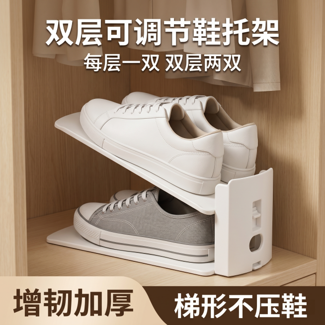 [主图 1] 双层可调节鞋托架衣柜收纳首图，修正为一个鞋托架层放一双鞋，总共两层放两双鞋
[氛围风格] 整洁简约现代家居风，突出收纳后空间变整齐
[画质] 商业摄影质感、光线柔和通透、产品清晰真实、画预览效果