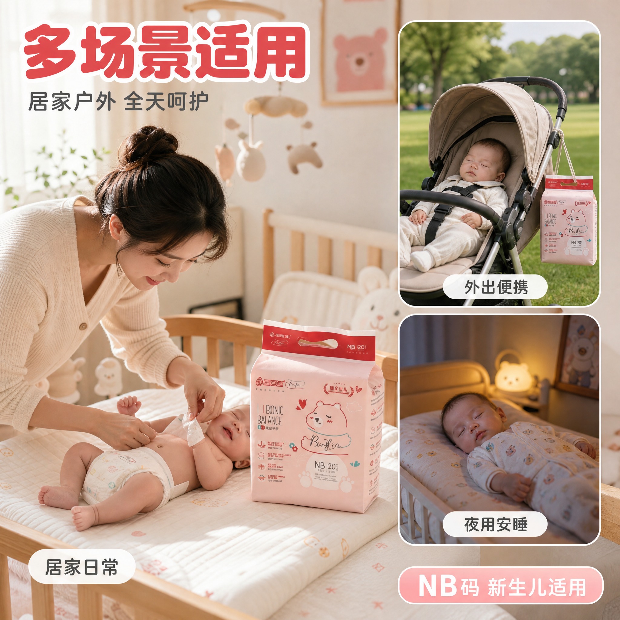 [主图-4] 蚕医生活力系列纸尿裤NB码 居家户外多场景使用图… - 图片创意预览