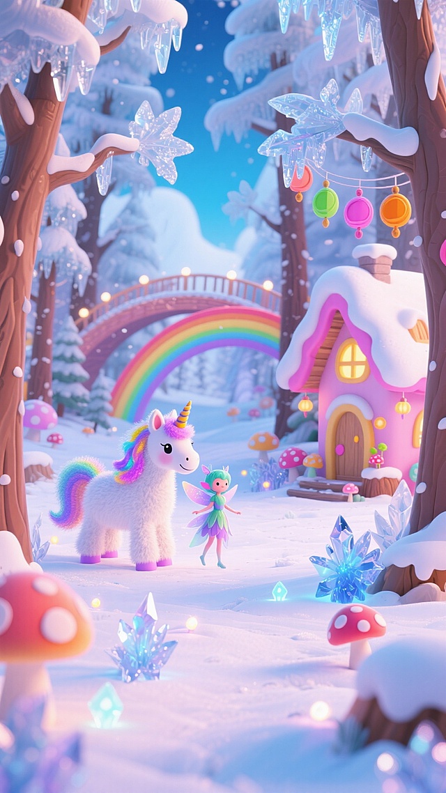 梦幻雪境中的软3D童话世界，独角兽与小精灵相伴，彩虹桥、水晶树与彩灯点缀，水彩质感融合粒子光效，营造冬日节日的可爱卡通氛围。