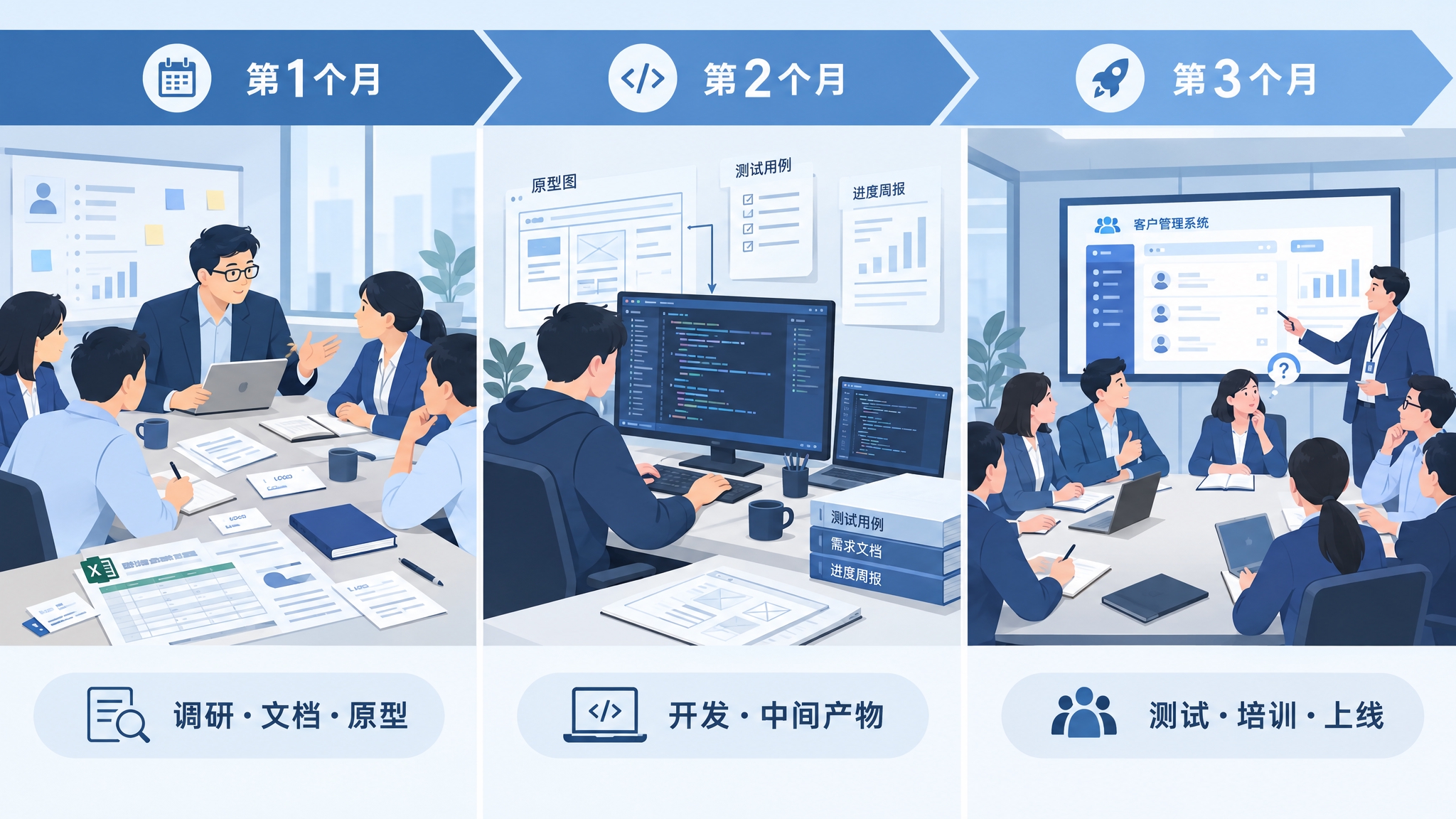 一张16:9的商业插画风格配图，主题是软件公司三个月开发客户管… - 图片创意预览
