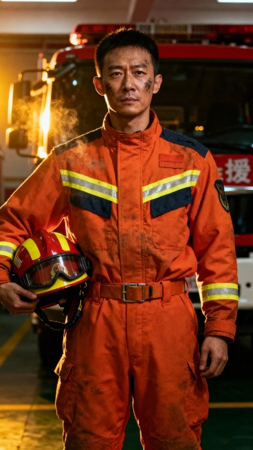 A powerful frontal portrait of a male Chinese firefighter in his 30s, wearing full orange protective预览效果